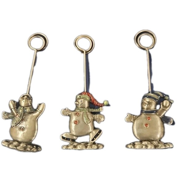 Pewter Snowmen Card Photo Place card Holders Felt Bottom Set of 3 - Picture 1 of 6